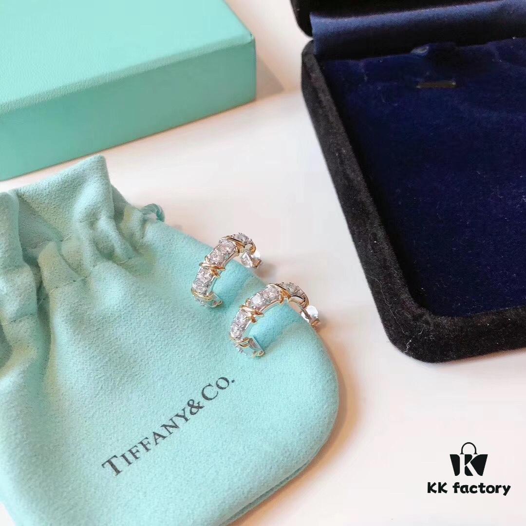 Tiffany & Co. Schlumberger Series Four-Diamond Cross Full Diamond Ear Hook Stud Earrings, German Imported S925 Sterling Silver with Gold Plating, Exquisitely Polished Craftsmanship, Noble, Elegant and Generous