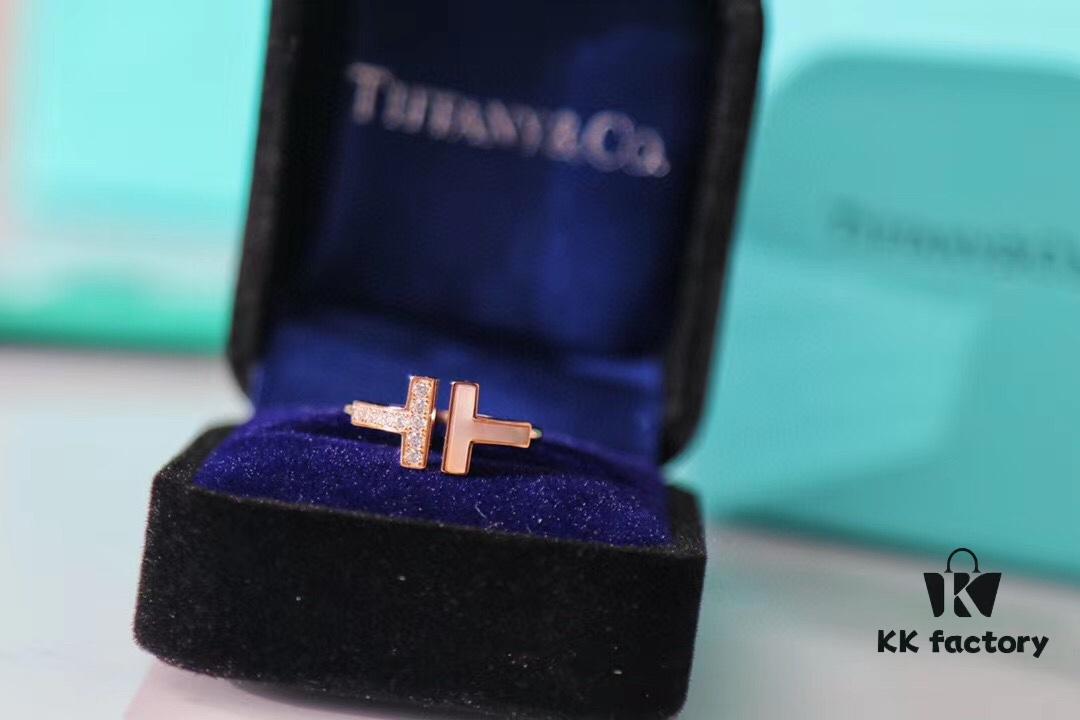 Tiffany & Co. 2019 New Arrival Two T Asymmetric Open Ring in White Mother-of-Pearl with 18K Rose Gold Plated S925 Sterling Silver