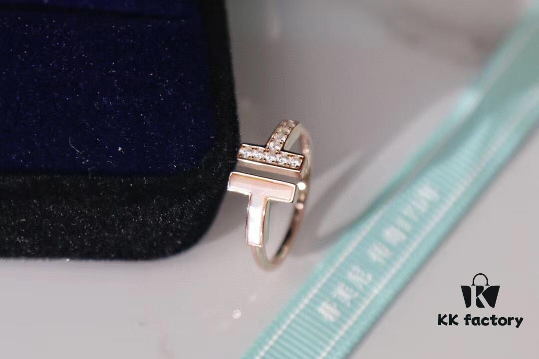 Tiffany & Co. 2019 New Arrival Two T Asymmetric Open Ring in White Mother-of-Pearl with 18K Rose Gold Plated S925 Sterling Silver