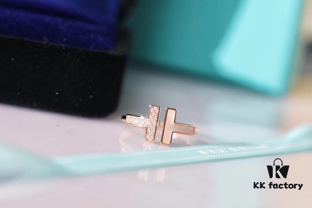 Tiffany & Co. 2019 New Arrival Two T Asymmetric Open Ring in White Mother-of-Pearl with 18K Rose Gold Plated S925 Sterling Silver