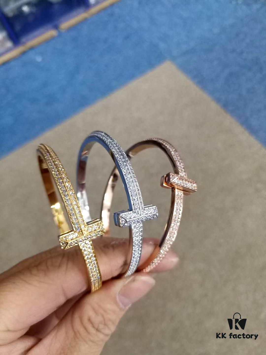 Tiffany & Co. T Collection Asymmetrical Wide Bracelet, Imported Gold-Plated Material with High-Carbon Diamonds, Celebrity Style Worn by Yang Mi, Yi Yangqianxi, Joey Yung