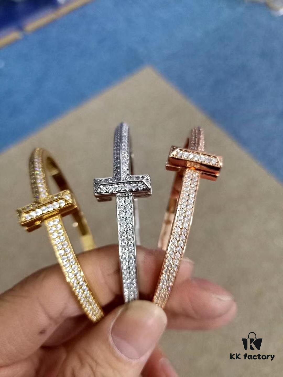 Tiffany & Co. T Collection Asymmetrical Wide Bracelet, Imported Gold-Plated Material with High-Carbon Diamonds, Celebrity Style Worn by Yang Mi, Yi Yangqianxi, Joey Yung