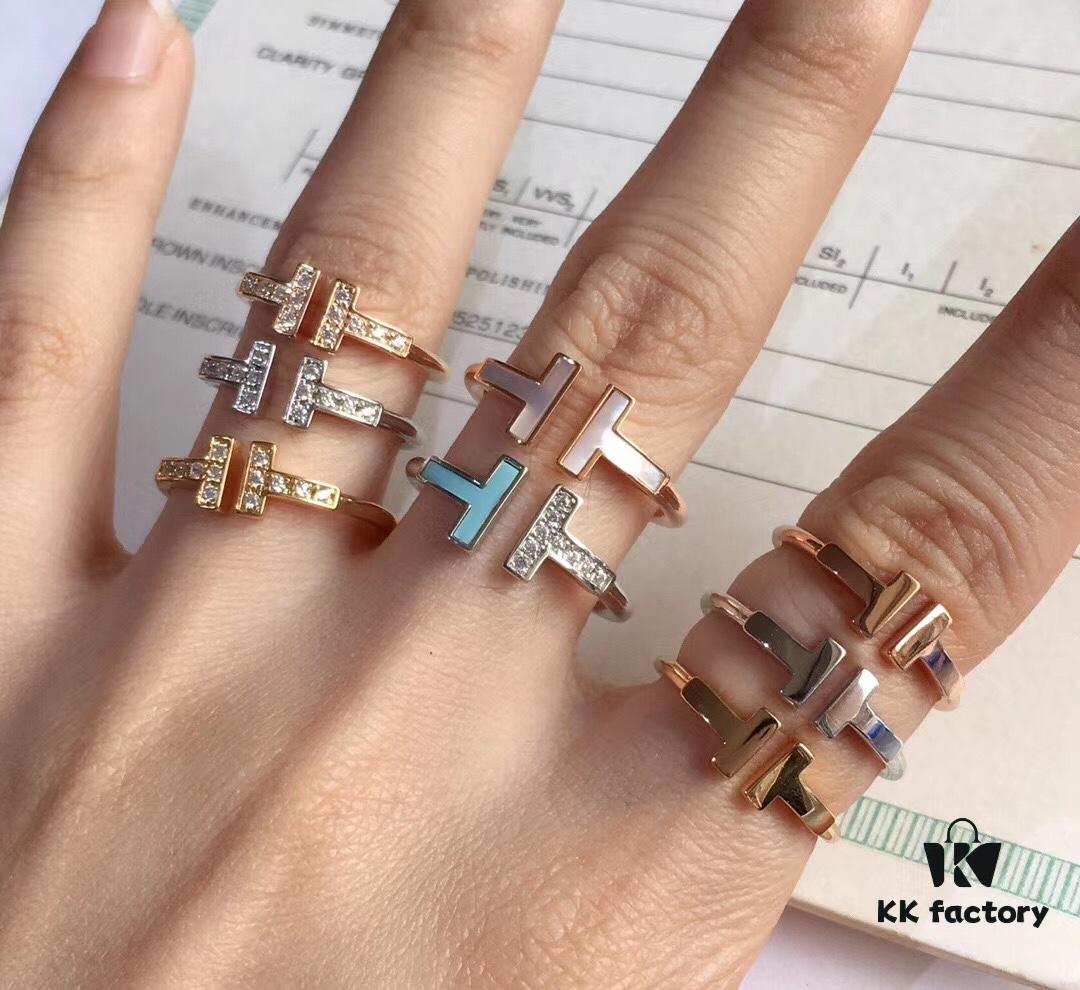 Tiffany Mother-of-Pearl Diamond-Set Double T Ring Collection — 925 Sterling Silver Craftsmanship Version