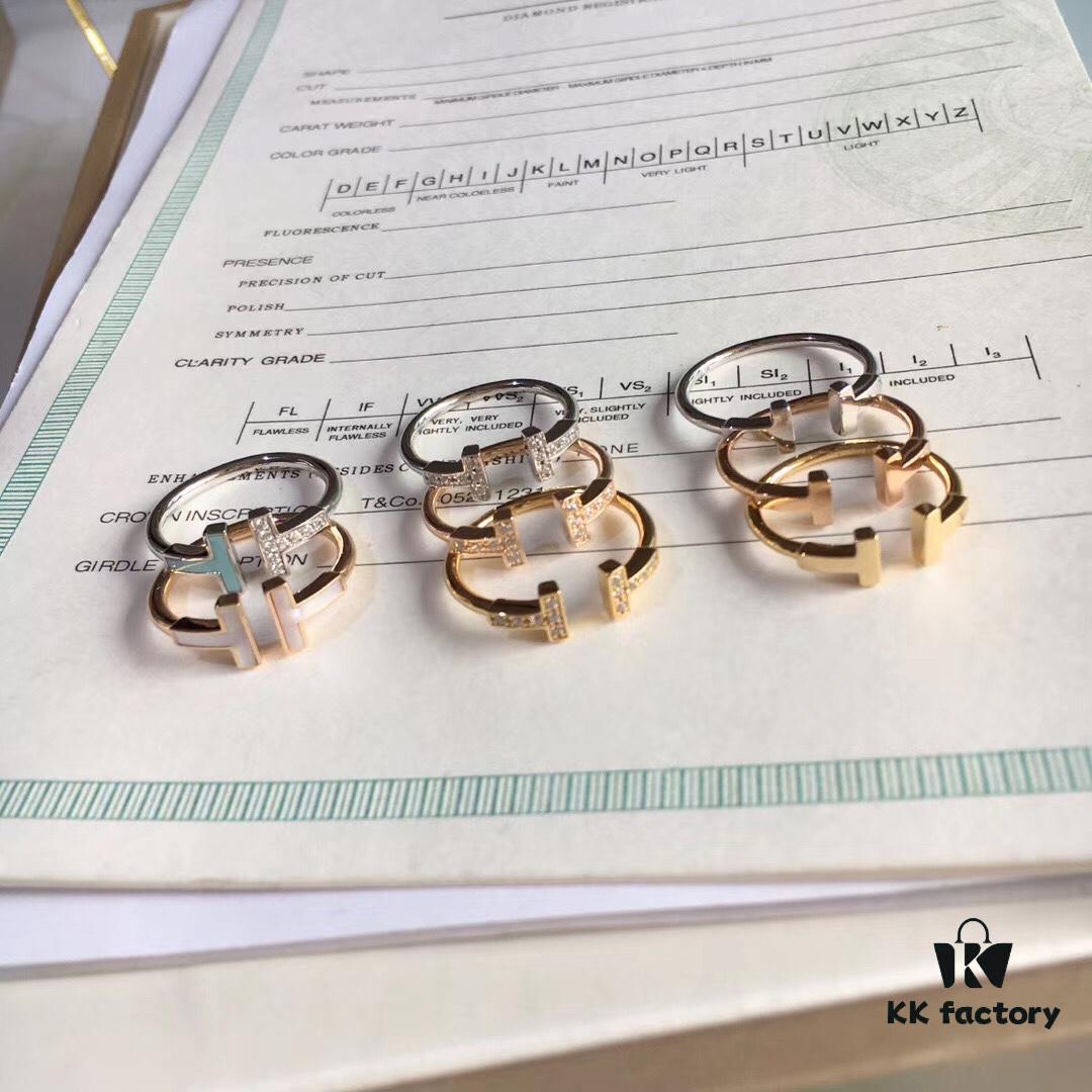 Tiffany Mother-of-Pearl Diamond-Set Double T Ring Collection — 925 Sterling Silver Craftsmanship Version