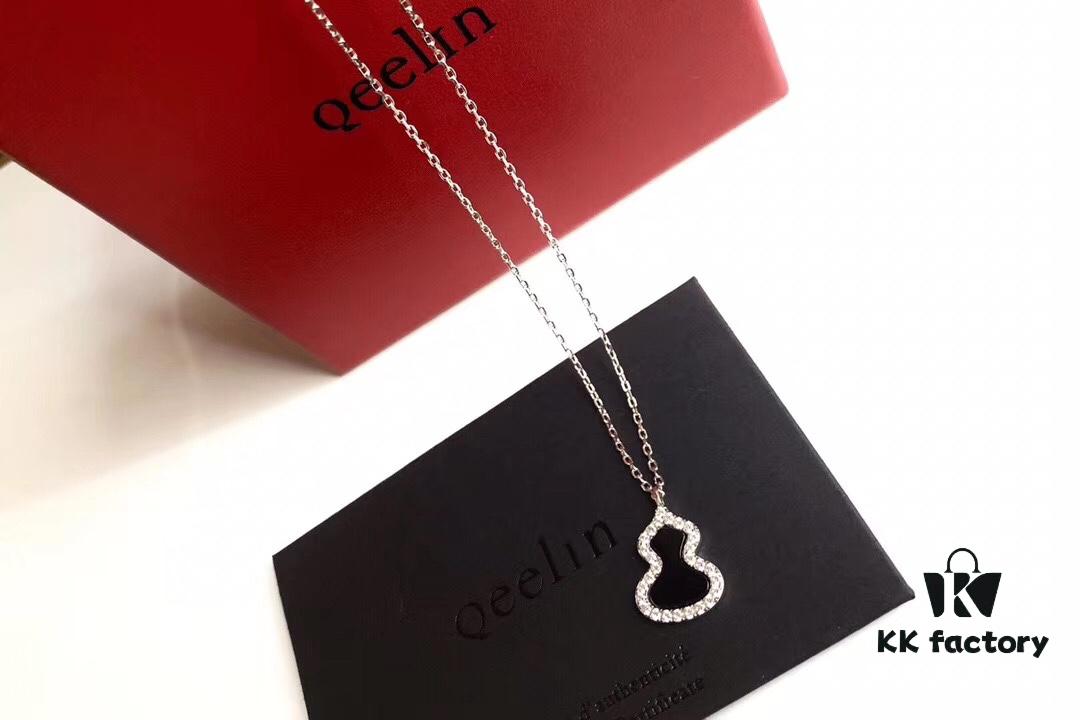 Qeelin Wulu Gourd Series Black Onyx Necklace - Highest Quality S925 Silver Plated with 18K Gold, Ten Hearts and Arrows High-Carbon Diamonds