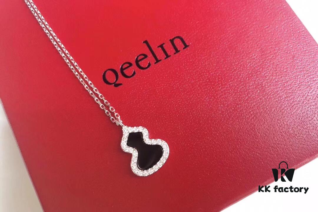 Qeelin Wulu Gourd Series Black Onyx Necklace - Highest Quality S925 Silver Plated with 18K Gold, Ten Hearts and Arrows High-Carbon Diamonds