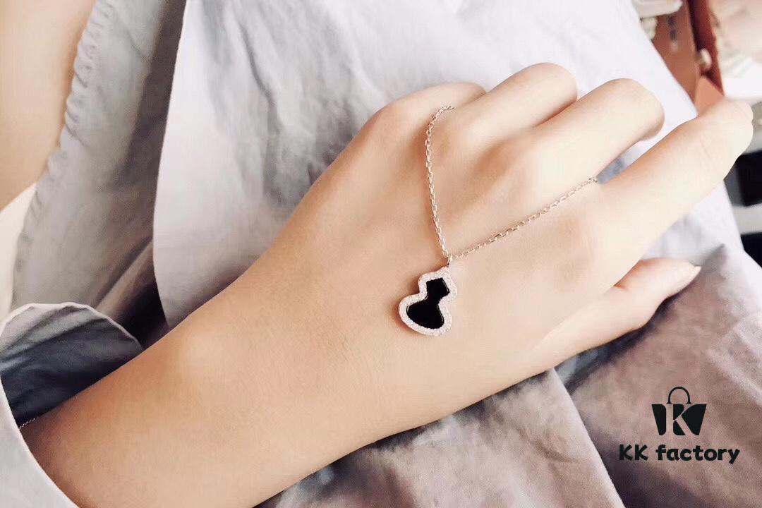 Qeelin Wulu Gourd Series Black Onyx Necklace - Highest Quality S925 Silver Plated with 18K Gold, Ten Hearts and Arrows High-Carbon Diamonds