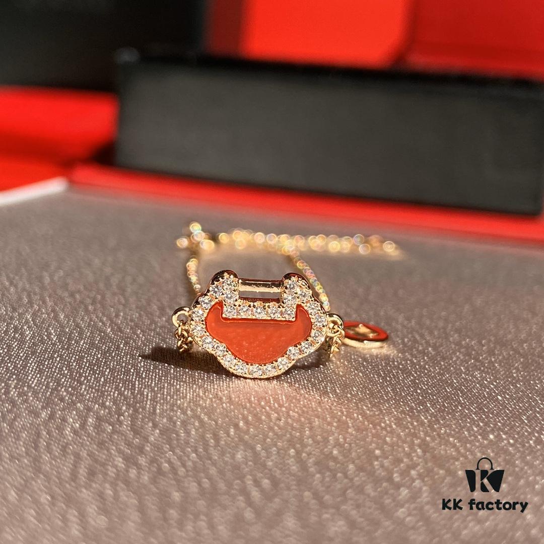 Qeelin Chinese Style Ruyi Peace Longevity Lock Natural Red Agate Bracelet