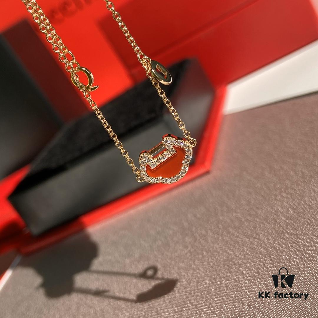 Qeelin Chinese Style Ruyi Peace Longevity Lock Natural Red Agate Bracelet