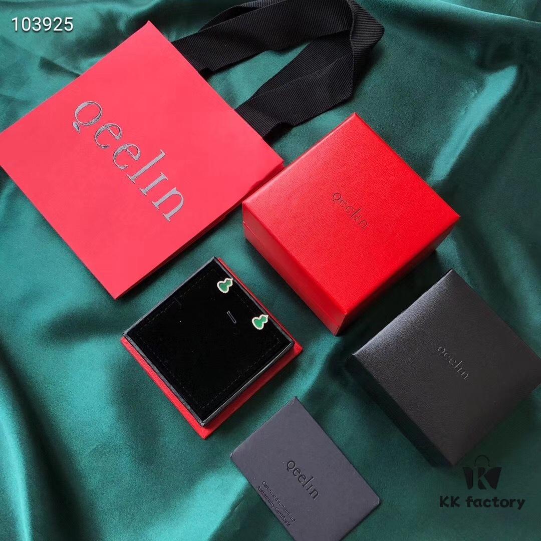 Qeelin Wulu Necklace and Stud Earrings in Sterling Silver – Elegant Design with Green Chalcedony and Swarovski Crystals