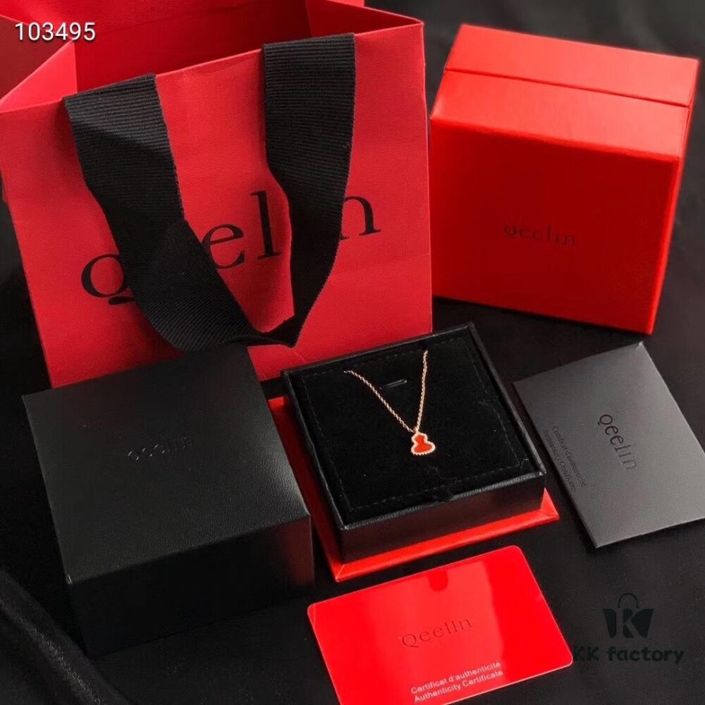 Qeelin Lucky Gourd Necklace and Stud Earrings in Sterling Silver – Elegant Design with Red Carnelian and Swarovski Crystals