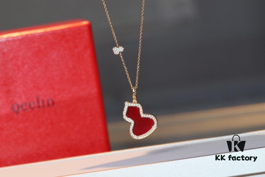 Kirin Gourd Necklace with Detachable Pendant, Natural Carnelian and Jade Options, Diamond-Encrusted Mini Gourd Charm on Chunky Chain