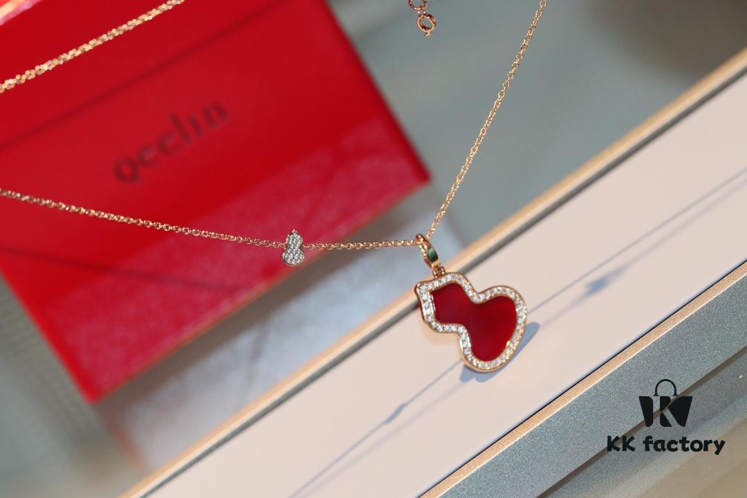 Kirin Gourd Necklace with Detachable Pendant, Natural Carnelian and Jade Options, Diamond-Encrusted Mini Gourd Charm on Chunky Chain