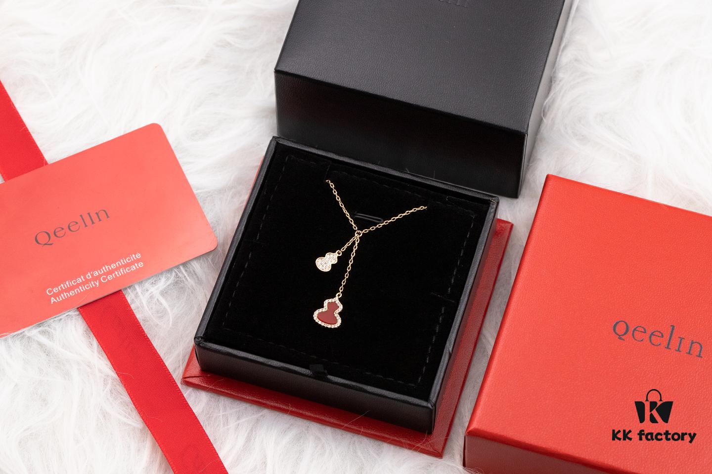 Kirin Gourd Pendant Necklace with Tassel - V Gold Plated 18K, Embedded with High-Carbon Brilliant Cut Diamonds and Natural Green Jade, White Agate, Red Carnelian