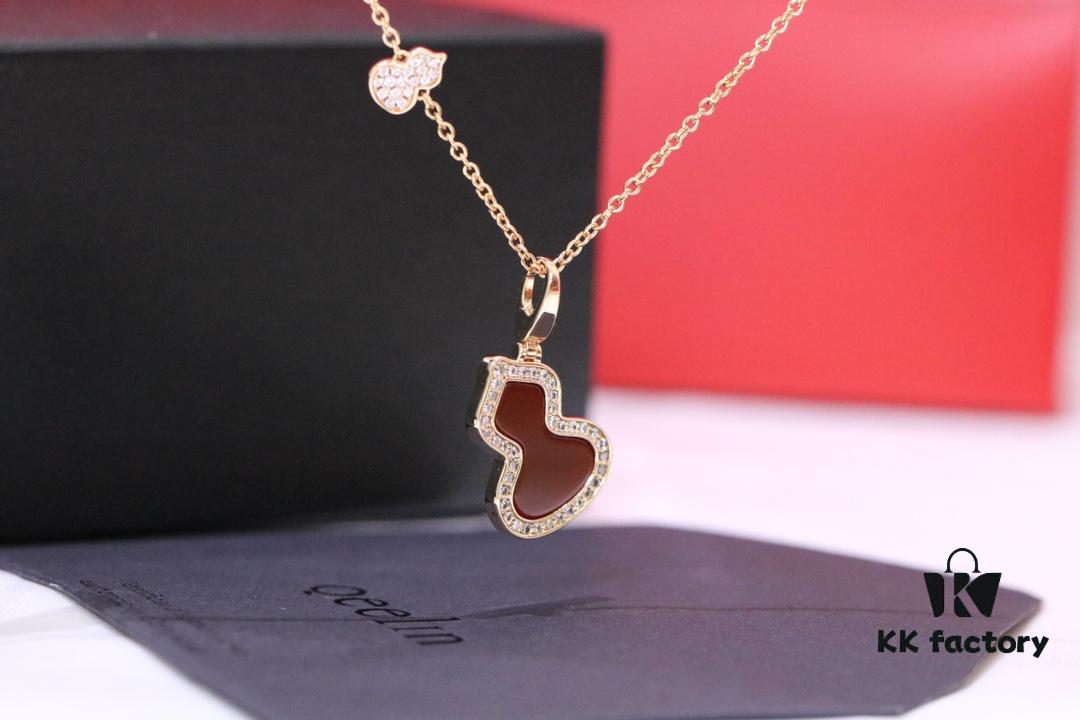 Large Red Agate Gourd Necklace in V-Gold Plated 18K Thick Gold