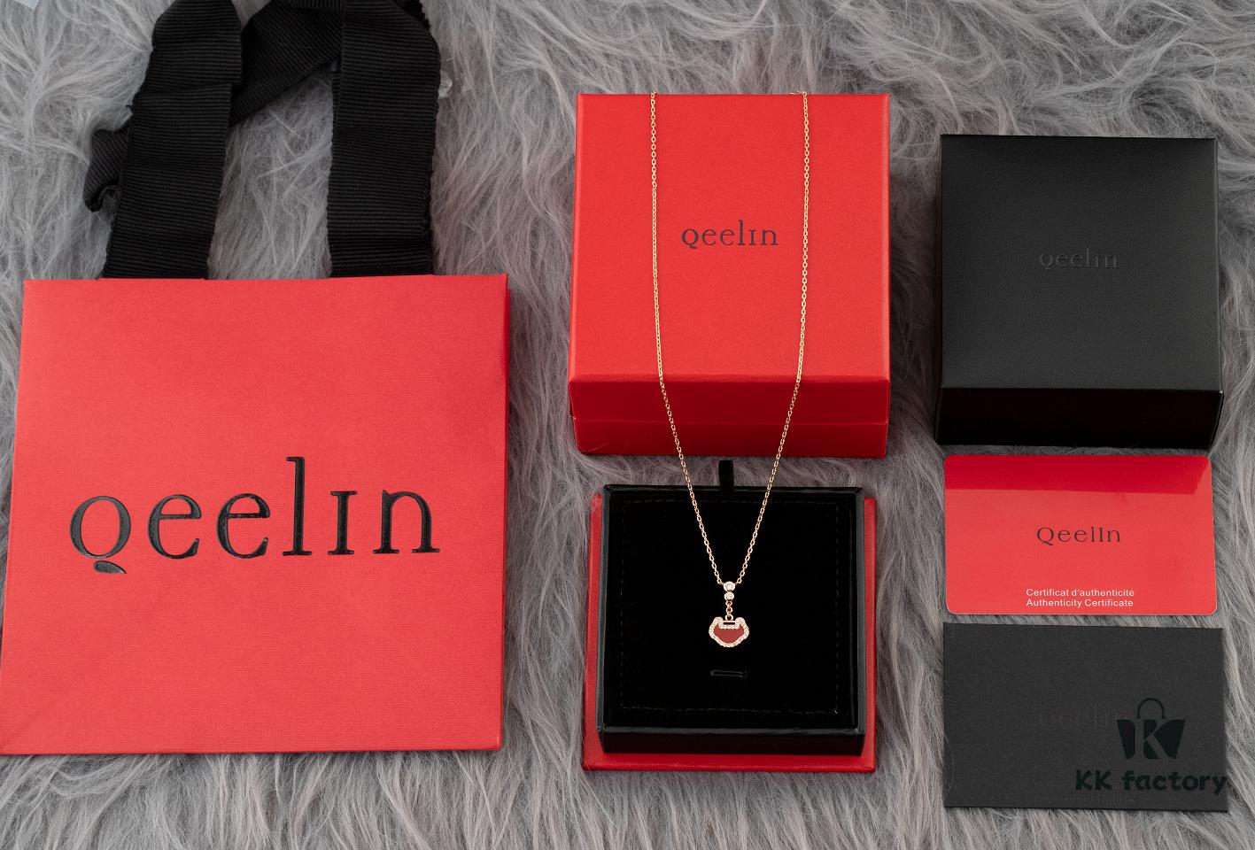 Qeelin Kirin Yu Yi Series Pendant Necklace – S925 Silver with Natural Carnelian, Mother of Pearl, and 18K Rose Gold Chain