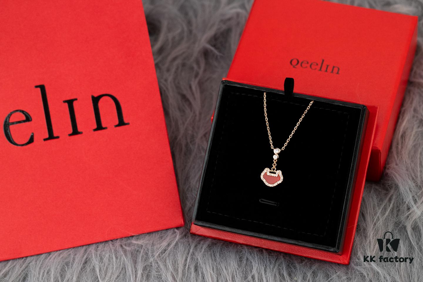 Qeelin Kirin Yu Yi Series Pendant Necklace – S925 Silver with Natural Carnelian, Mother of Pearl, and 18K Rose Gold Chain