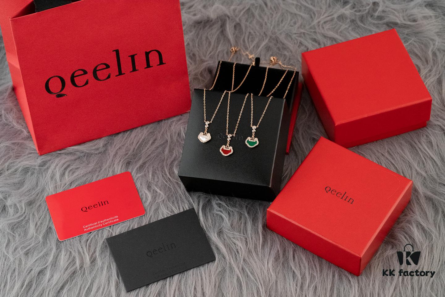 Qeelin Kirin Yu Yi Series Pendant Necklace – S925 Silver with Natural Carnelian, Mother of Pearl, and 18K Rose Gold Chain