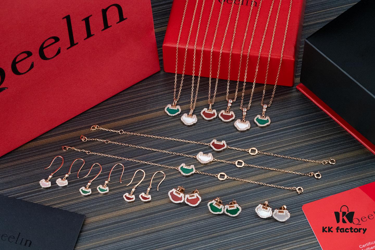 Qeelin Kirin Yu Yi Series Pendant Necklace – S925 Silver with Natural Carnelian, Mother of Pearl, and 18K Rose Gold Chain