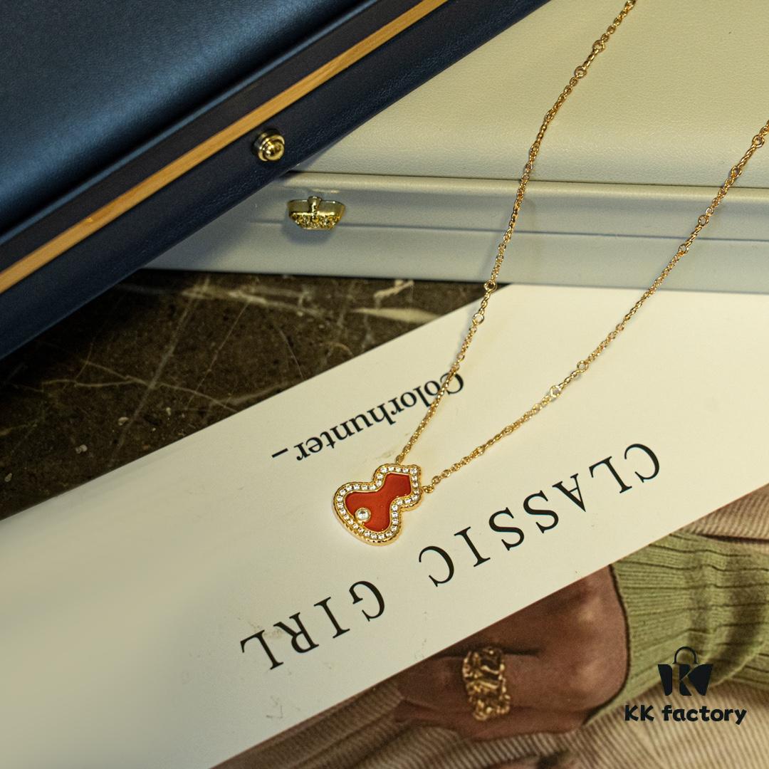 Brand New Wulu Legend Series Gourd Necklace, Rose Gold with Diamond and Red Enamel Accents