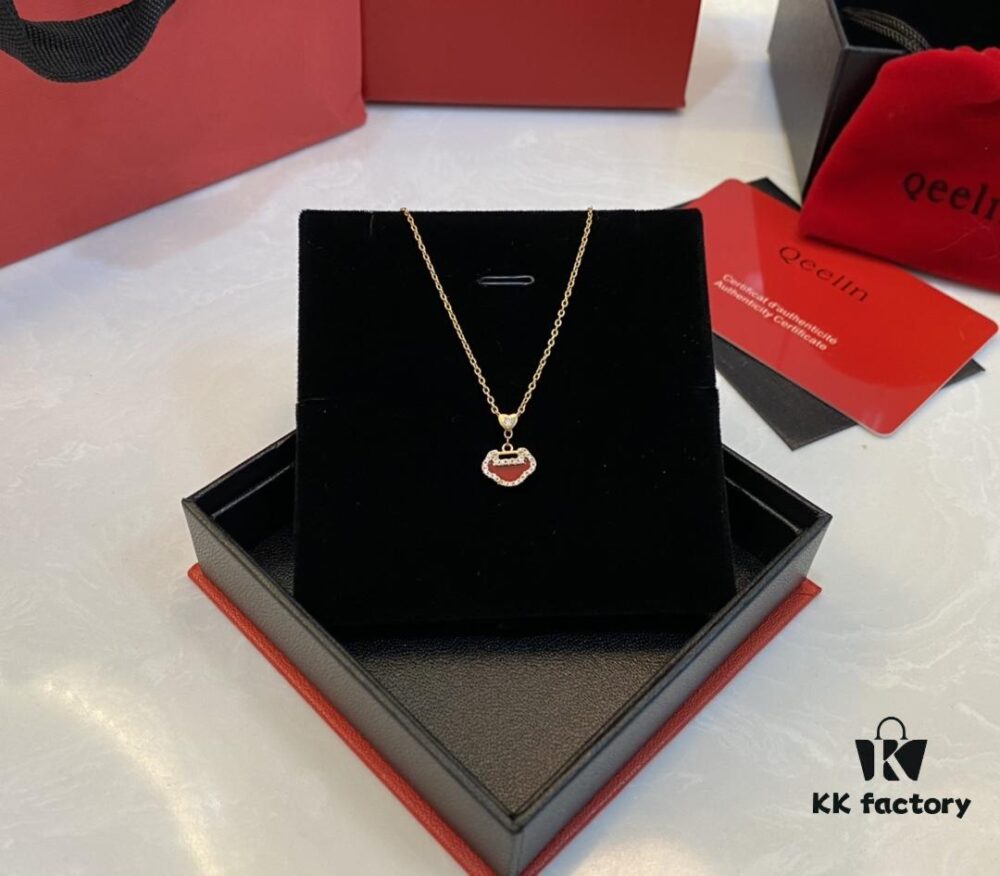 Real Photo of Little Red Lock Pendant, Exquisitely Crafted with High-Grade Red Agate and Encrusted Diamonds Resembling a Traditional Ruyi Lock