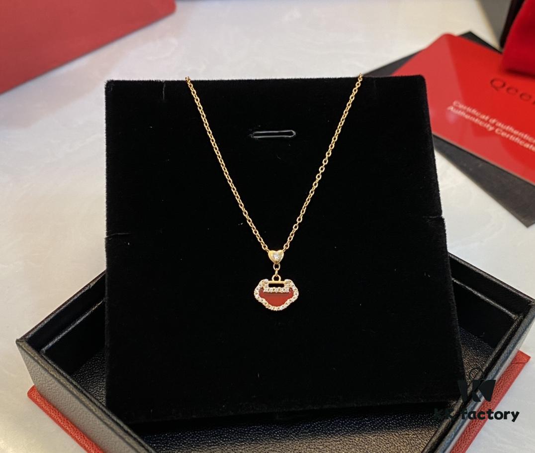 Real Photo of Little Red Lock Pendant, Exquisitely Crafted with High-Grade Red Agate and Encrusted Diamonds Resembling a Traditional Ruyi Lock
