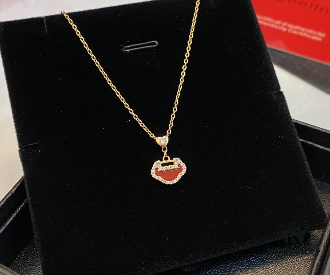 Real Photo of Little Red Lock Pendant, Exquisitely Crafted with High-Grade Red Agate and Encrusted Diamonds Resembling a Traditional Ruyi Lock
