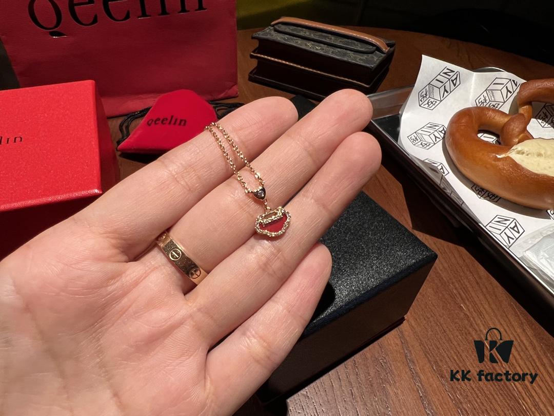 High-Grade Red Agate Pendant with Diamond Accents, Symbolizing Peace, Good Fortune, and Happiness