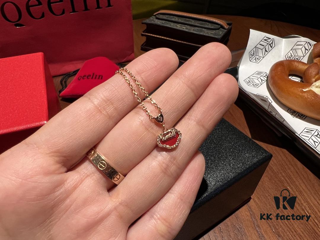 High-Grade Red Agate Pendant with Diamond Accents, Symbolizing Peace, Good Fortune, and Happiness