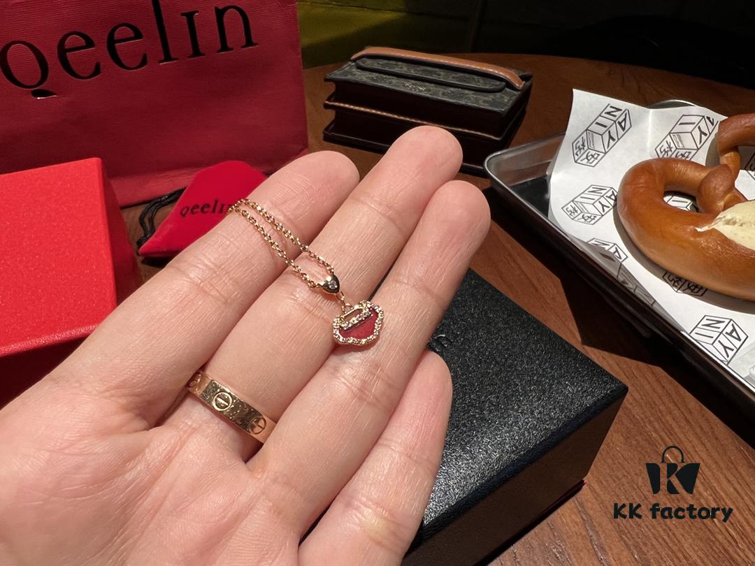 High-Grade Red Agate Pendant with Diamond Accents, Symbolizing Peace, Good Fortune, and Happiness