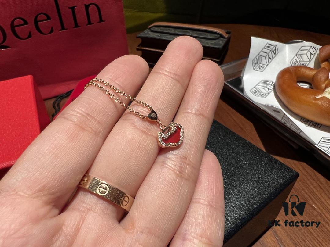 High-Grade Red Agate Pendant with Diamond Accents, Symbolizing Peace, Good Fortune, and Happiness