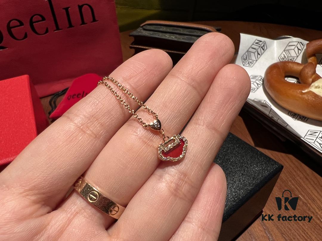 High-Grade Red Agate Pendant with Diamond Accents, Symbolizing Peace, Good Fortune, and Happiness