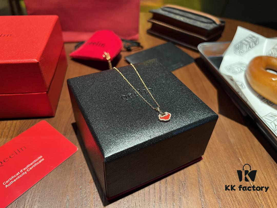 High-Grade Red Agate Pendant with Diamond Accents, Symbolizing Peace, Good Fortune, and Happiness