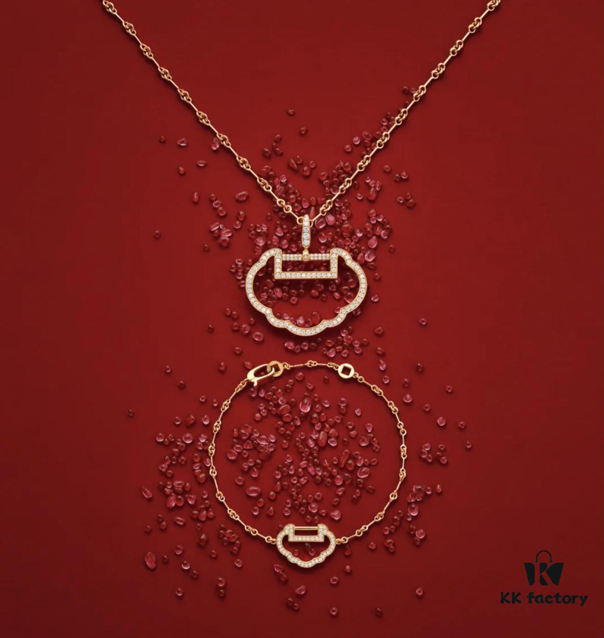 Exclusive Launch Premium Craftsmanship Qeelin Auspicious Ruyi Lock Pendant Bracelet & Necklace Set in 925 Silver with Eight Hearts and Arrows High-Carbon Diamonds in White and Rose Gold