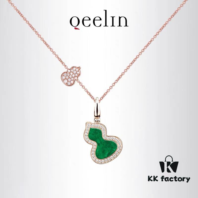 Exquisitely Crafted Gourd Pendant Necklace with Hand-Set Stones in V-Gold