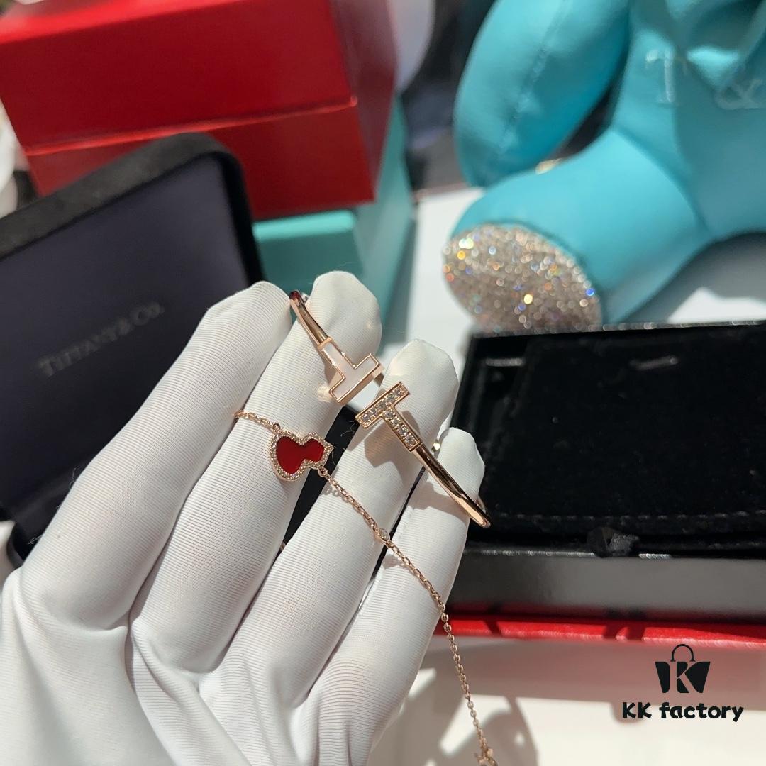 Exquisite and Versatile Premium Accessories 💎 - Kylin Single Gourd Red Agate Bracelet, Tiffany T-Shape Gemstone Diamond-Paved White Mother-of-Pearl Bangle