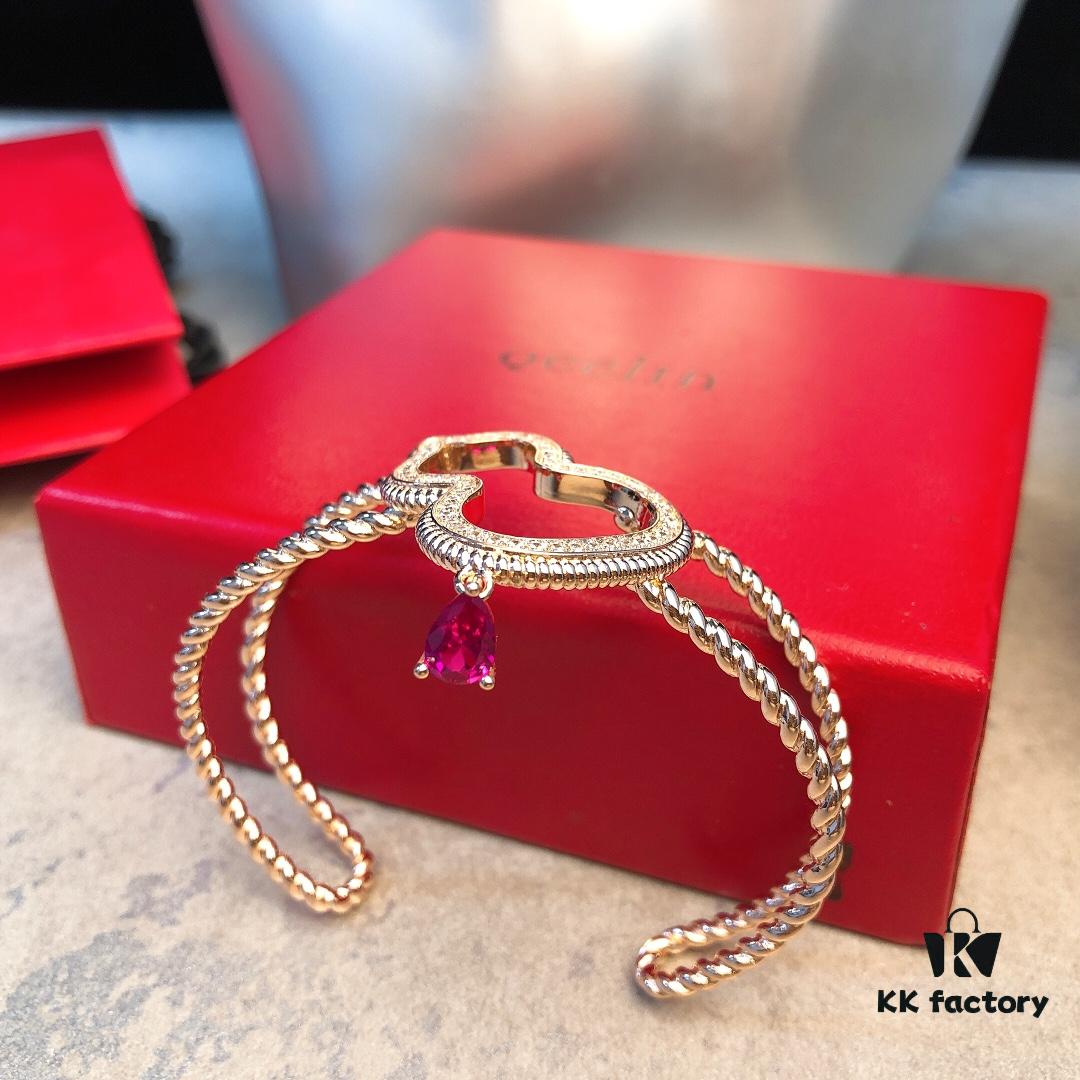 Qeelin Wulu Hollow-out Red Diamond Twisted Edge Open Bangle, White Agate Inlay, Chinese Cultural Elements with Modern Design, Luxury Jewelry