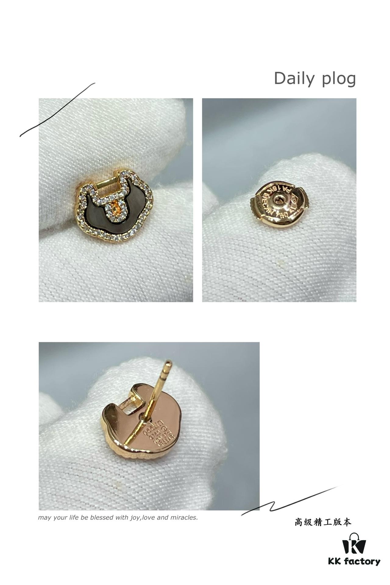 Kirin Natural Gray Shell Ruyi Lock Stud Earrings ✨ A Unique Blend of Fashion and Tradition, Hand-Micro-Paved with High-Carbon Brilliant-Cut Diamonds, Thick Gold Plating