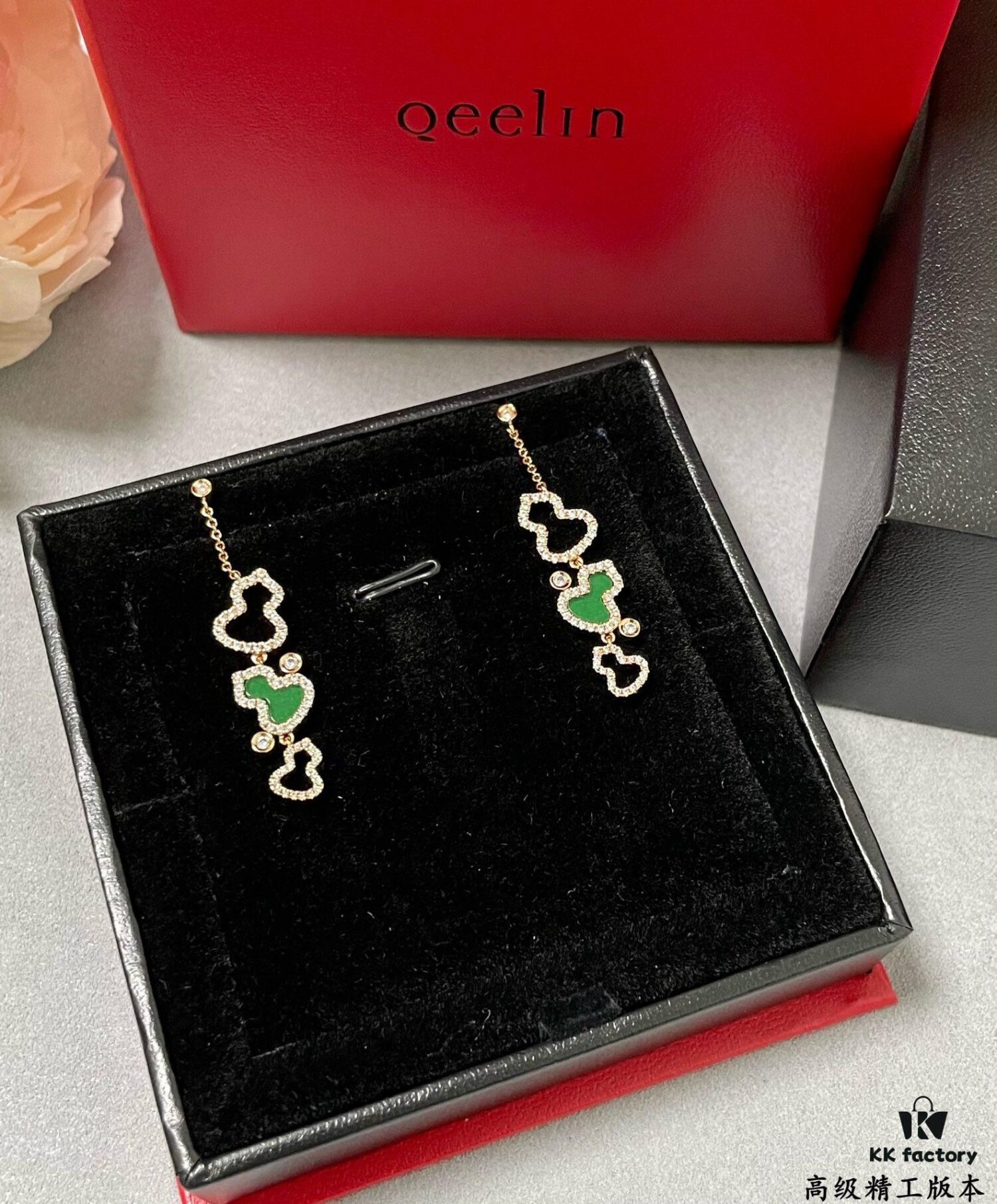 Qilin Green Jadeite Three Gourds Earrings