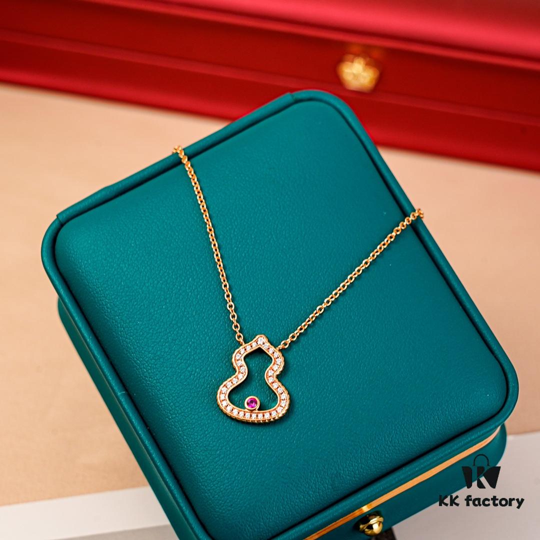 Brand New Wulu Legend Series Gourd Necklace, Rose Gold with Diamond and Red Enamel Accents