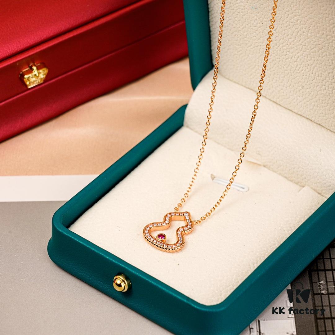 Brand New Wulu Legend Series Gourd Necklace, Rose Gold with Diamond and Red Enamel Accents