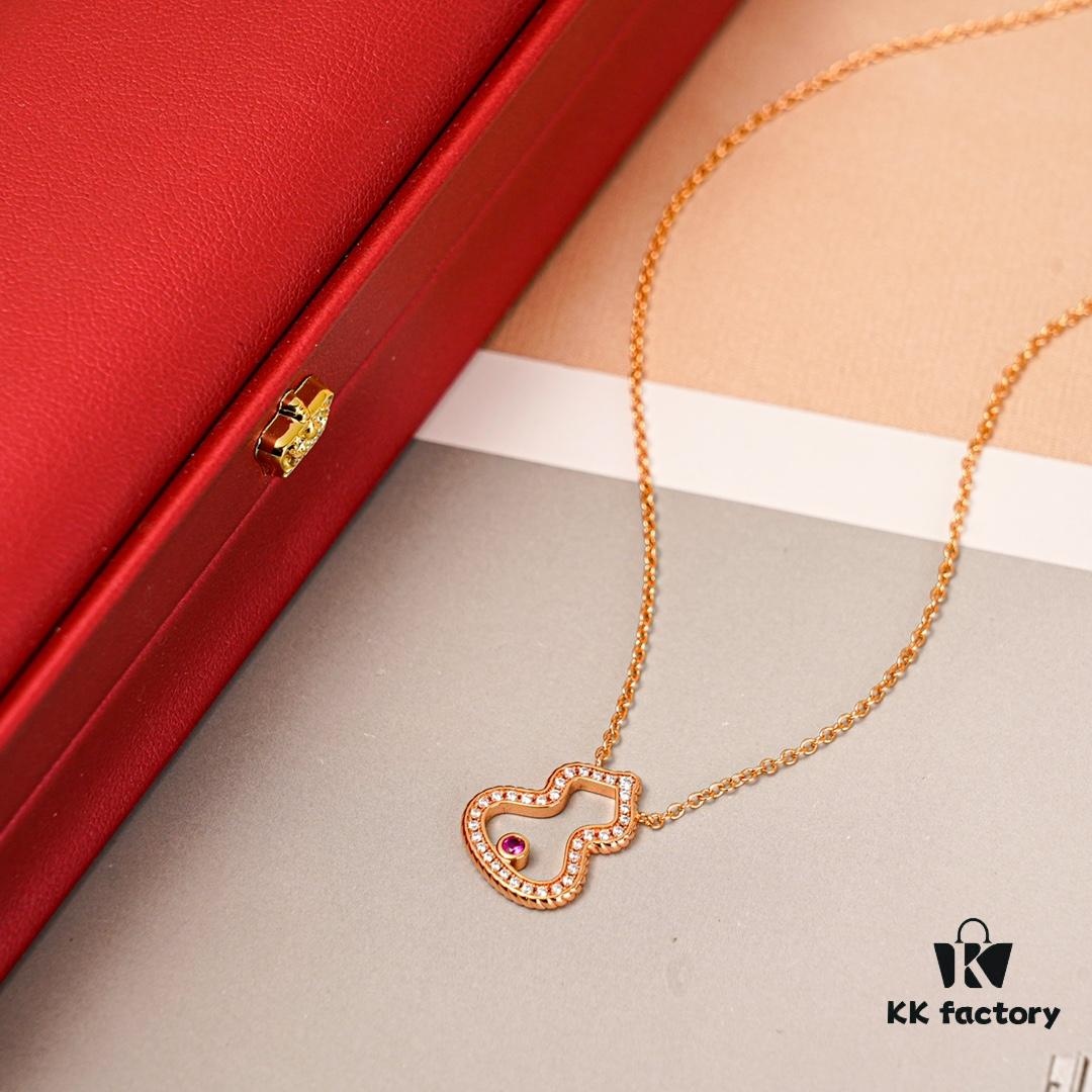 Brand New Wulu Legend Series Gourd Necklace, Rose Gold with Diamond and Red Enamel Accents