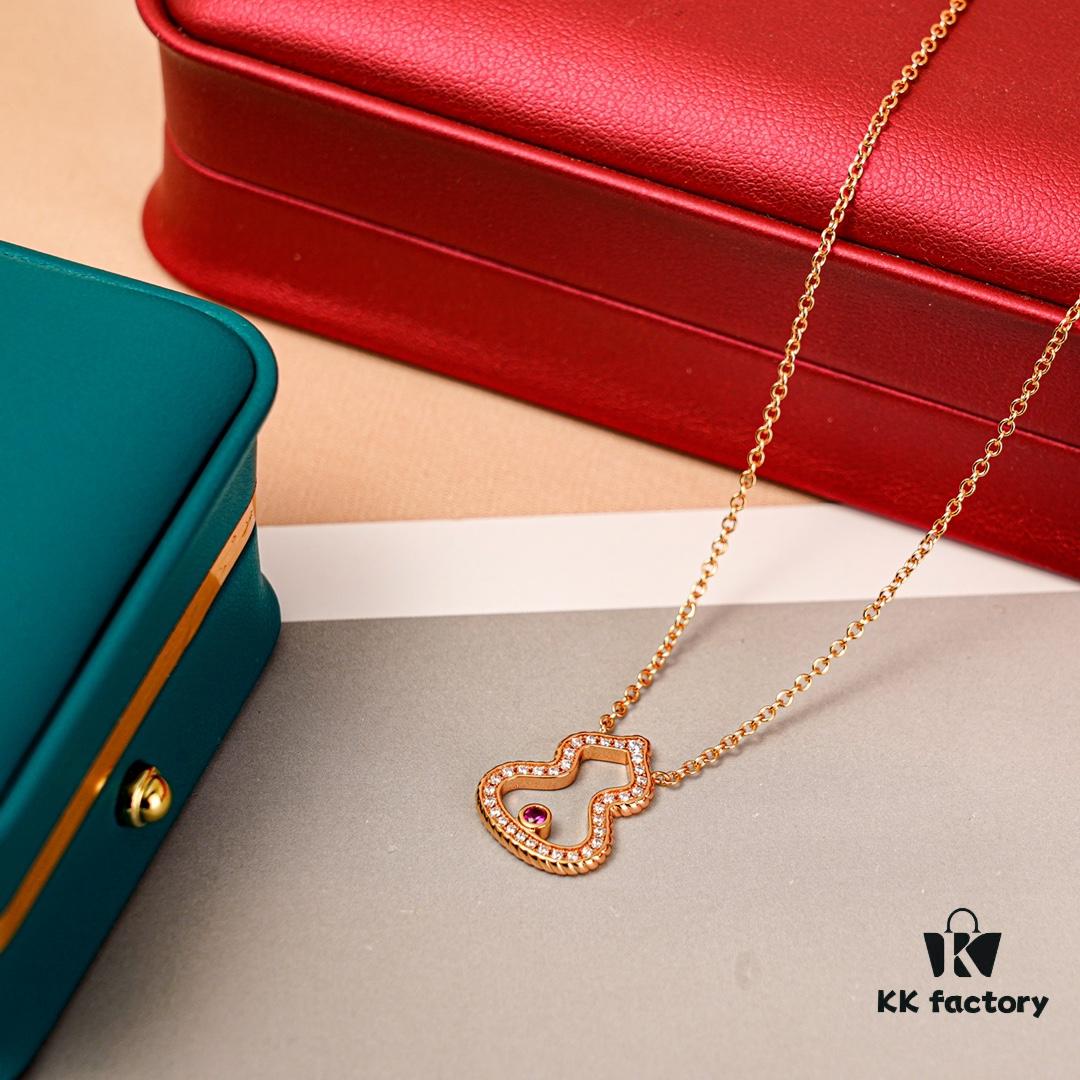 Brand New Wulu Legend Series Gourd Necklace, Rose Gold with Diamond and Red Enamel Accents