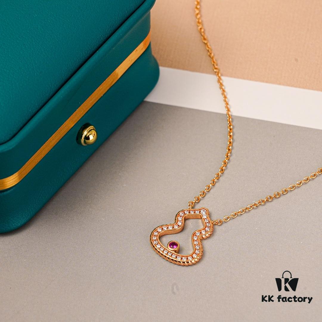 Brand New Wulu Legend Series Gourd Necklace, Rose Gold with Diamond and Red Enamel Accents