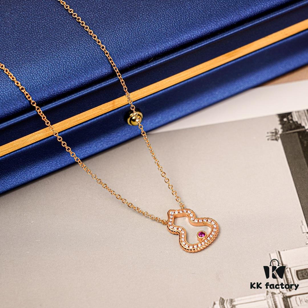 Brand New Wulu Legend Series Gourd Necklace, Rose Gold with Diamond and Red Enamel Accents