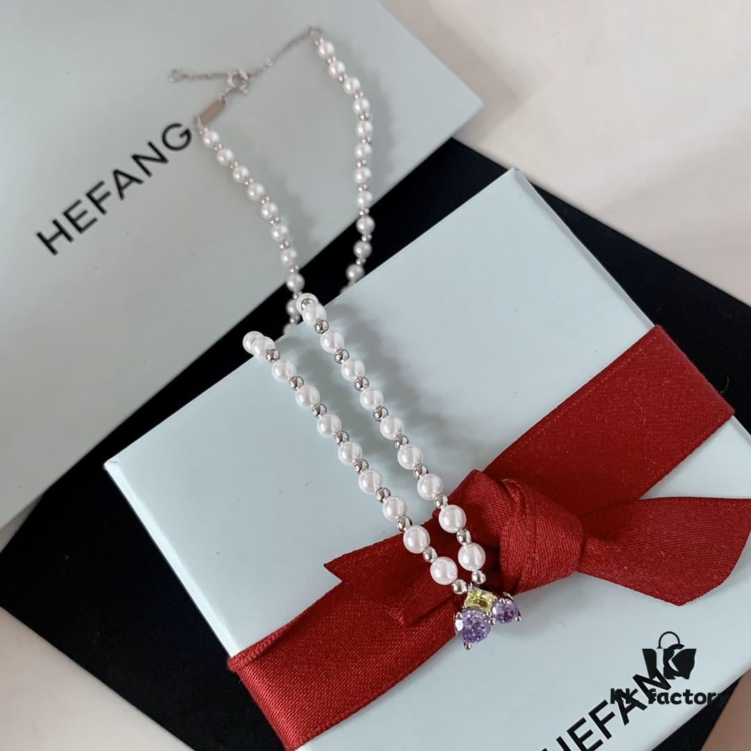 HEFANG Jewelry Grape Juice Ice Short Necklace, 925 Sterling Silver Cute Heart Pendant Collar Chain, Xiaomi Bead Necklace, Same Style as Shen Mengchen