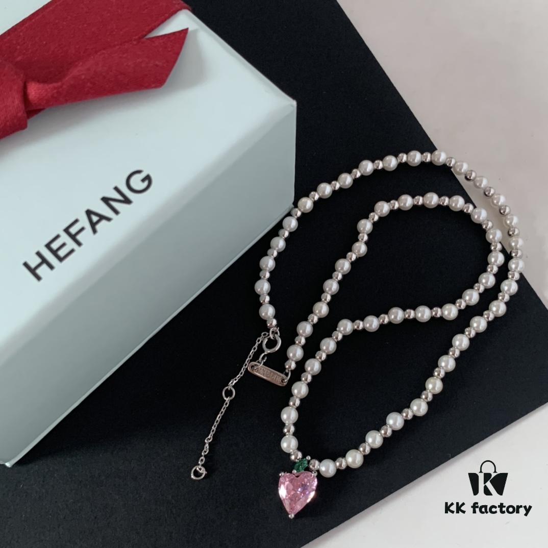 HEFANG Jewelry Peach Juice Ice Short Necklace, 925 Sterling Silver Love Pendant Collar Chain, Xiaomi Beads Necklace, Same Style as Shen Mengchen