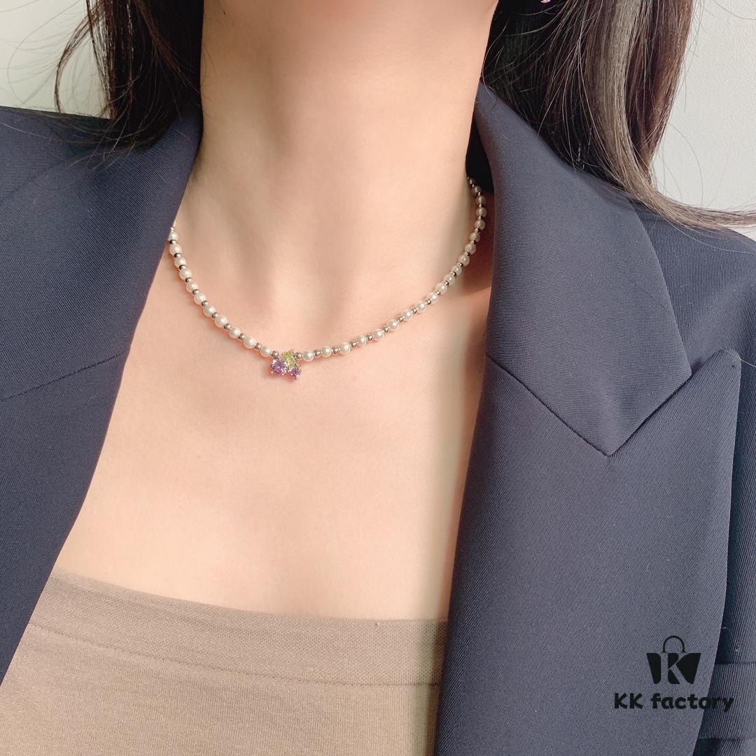HEFANG Jewelry Grape Juice Ice Short Necklace, 925 Sterling Silver Cute Heart Pendant Collar Chain, Xiaomi Bead Necklace, Same Style as Shen Mengchen