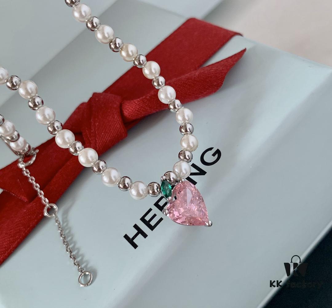 HEFANG Jewelry Peach Juice Ice Short Necklace, 925 Sterling Silver Love Pendant Collar Chain, Xiaomi Beads Necklace, Same Style as Shen Mengchen