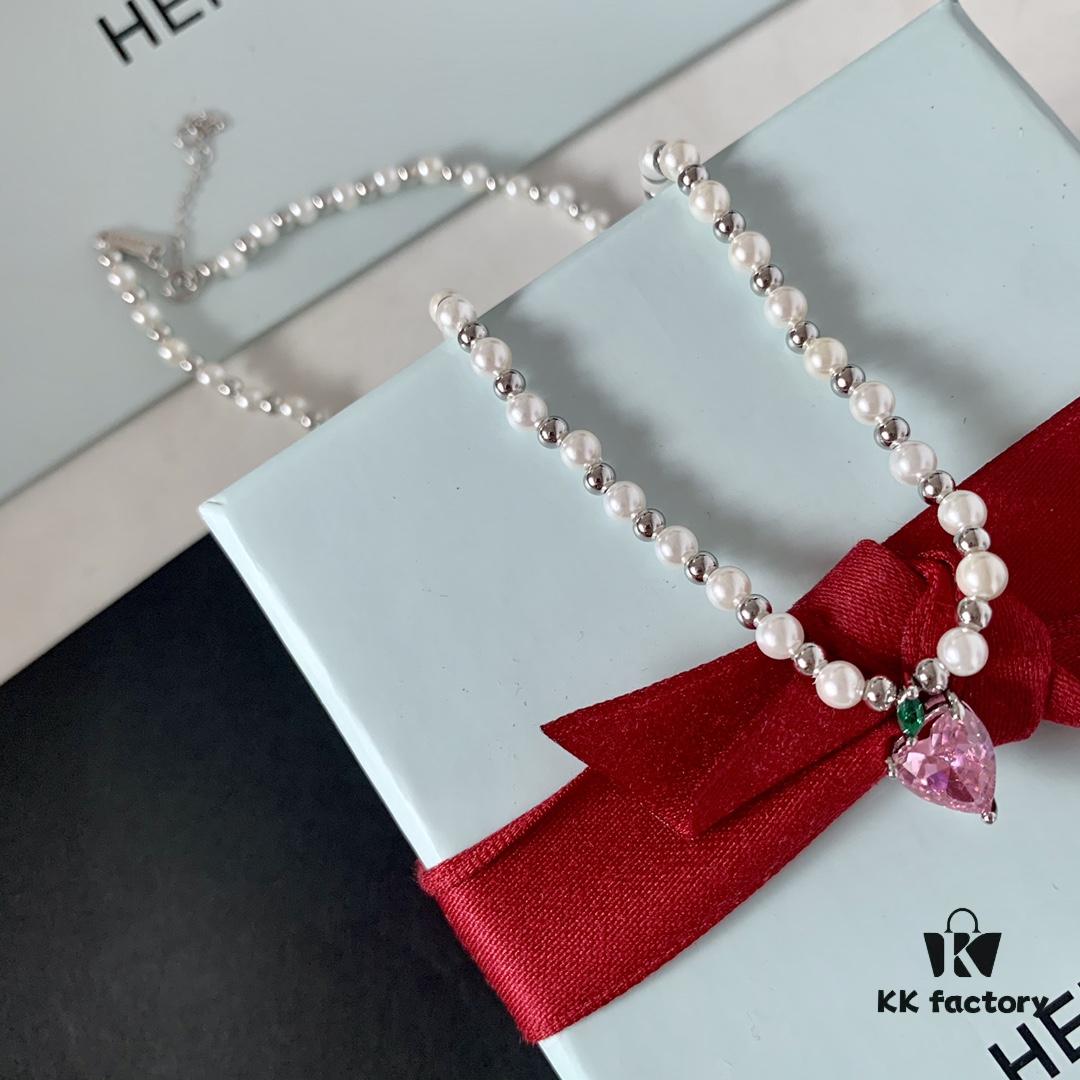 HEFANG Jewelry Peach Juice Ice Short Necklace, 925 Sterling Silver Love Pendant Collar Chain, Xiaomi Beads Necklace, Same Style as Shen Mengchen